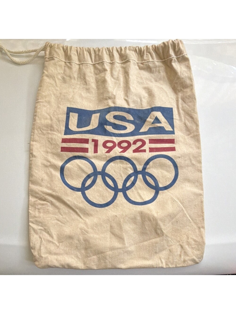 USA 1992 Olympics Rings “I’M SUPPORTING US” Beige Drawstring Bag Blue Red